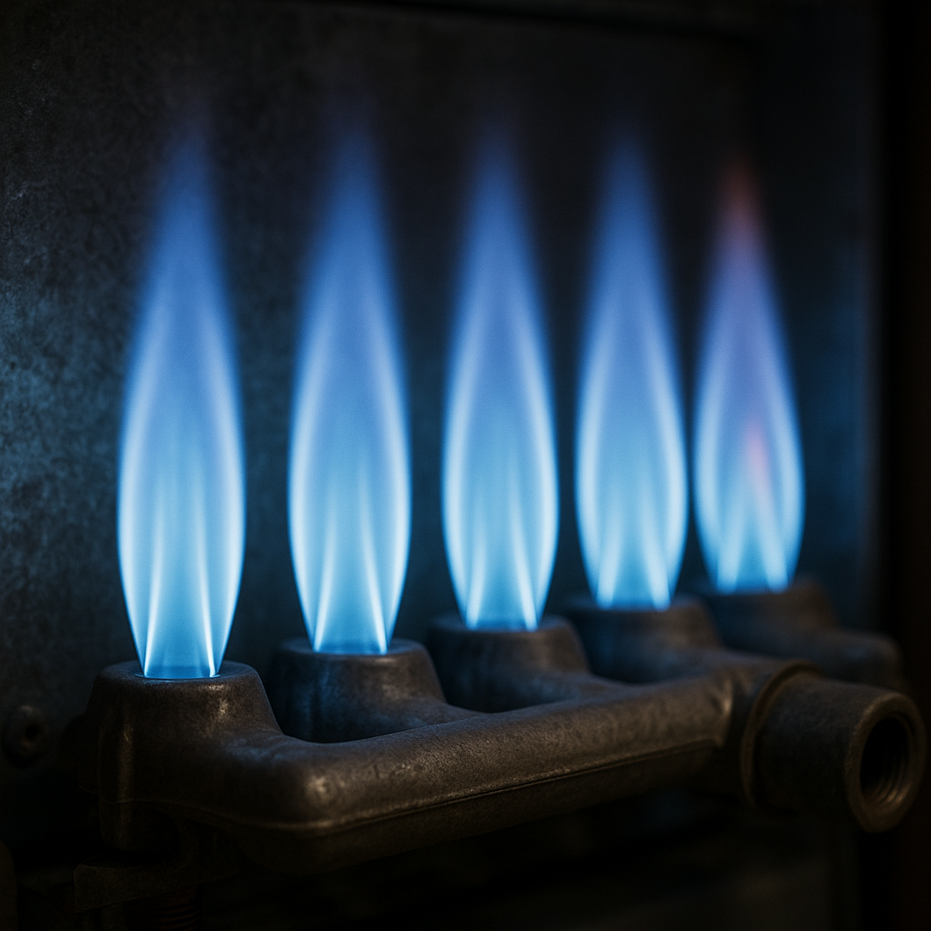 Close-up photo of a gas furnace burner showing clean, even blue flames with small orange tips, indicating efficient and healthy combustion against a metal background.
