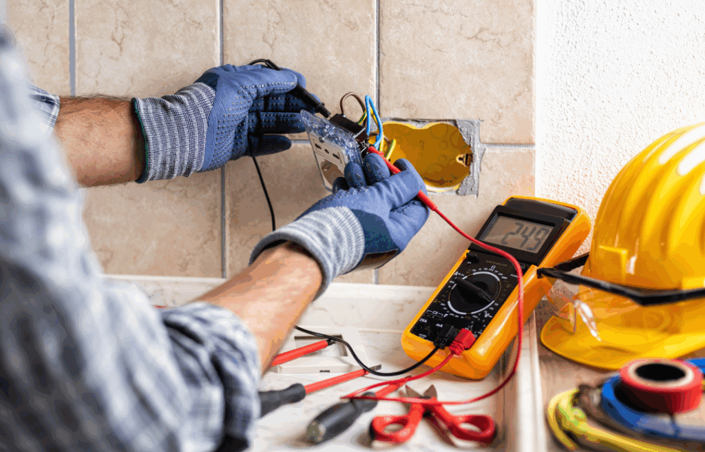 Licensed Philadelphia electrician checking home wiring with a voltage tester during an electrical inspection.
